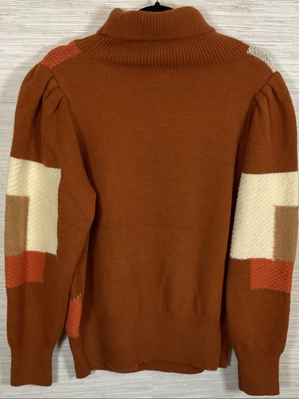 &Merci Turtleneck Floral Leaf Appliqué Patchwork Sweater in Rust & Cream Large - Picture 12 of 15